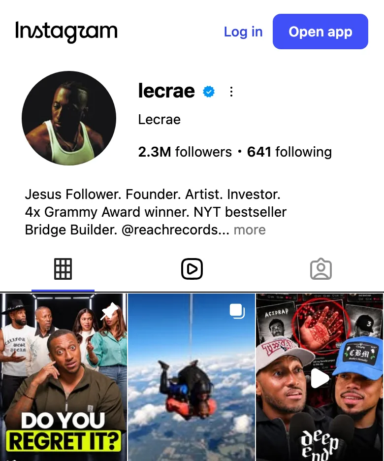 Lecrae's Instagram profile as a phone shows it: verified, 2.3M followers, 641 following, 4x Grammy Award winner