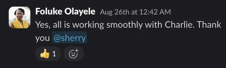 Slack message from Foluke Olayele: Yes, all is working smoothly with Charlie. Thank you