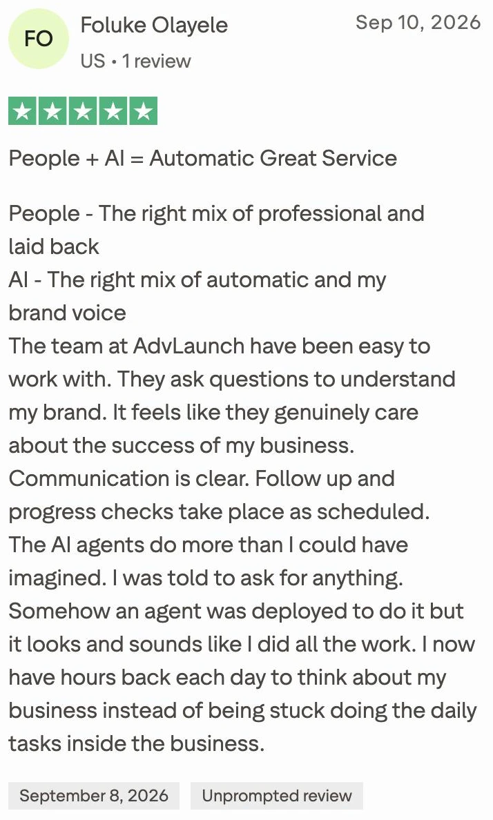 Trustpilot review by Foluke Olayele, five stars: People + AI = Automatic Great Service.
